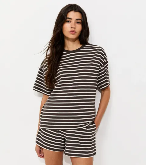 Women's Brown Cotton Striped Boxy Crew Neck T-Shirt