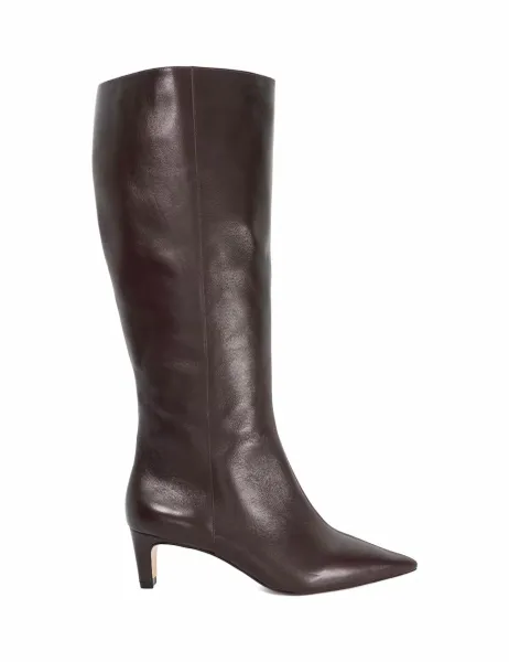 Dune London Wide Fit Leather Kitten Heel Knee High Boots Burgundy