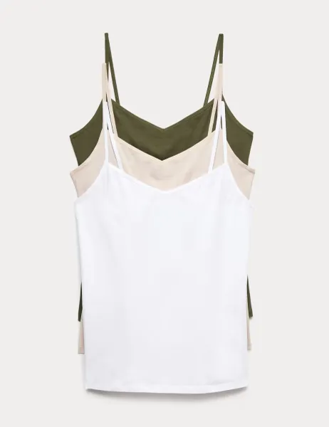 Marks & Spencer 3pk Cotton Rich Strappy Vests Olive Mix