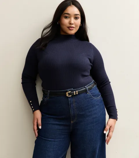 New Look Women's Plus Size Navy Ribbed Button Detail Top Curves