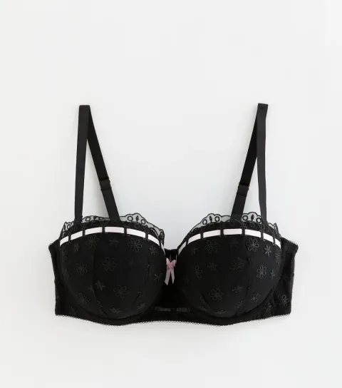 Women's Black DD+ Ribbon Embroidered Balcony Bra