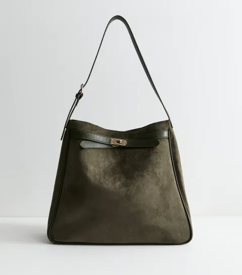 New Look Dark Khaki Faux Suede Buckle Hobo Shoulder Bag