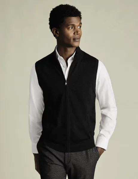 Charles Tyrwhitt Pure Extra Fine Merino Wool Zip Up Gilet Dark Grey