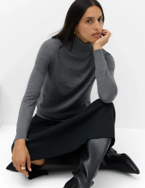Marks & Spencer Pure Merino Wool Roll Neck Jumper Mid Grey Marl