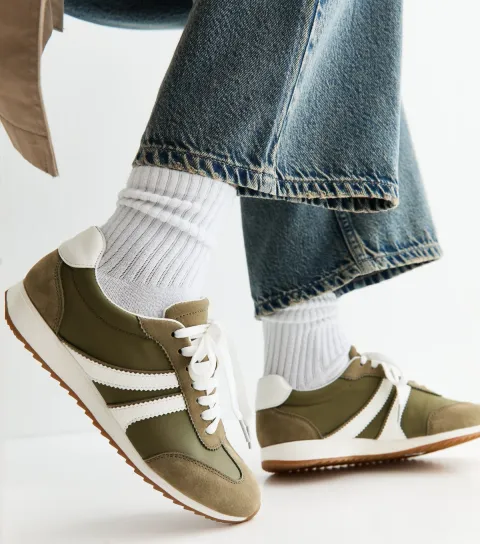 Women's Dark Khaki Faux Brushed Leather Panelled Trainers Vegan