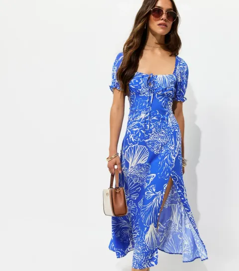 Women's Petite Blue Coral Print Sweetheart Neck Midi Dress