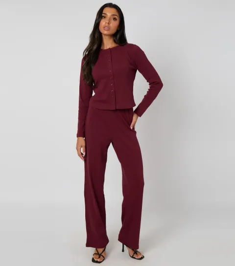 Women's Burgundy Ribbed Wide Leg Trousers