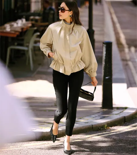 New Look Women's Stone High Neck Peplum Waistband Zip Through Windbreaker
