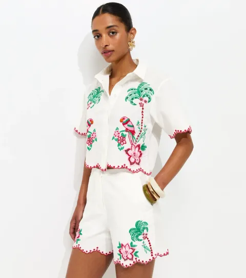 Women's White Tropical Embroidery Shorts