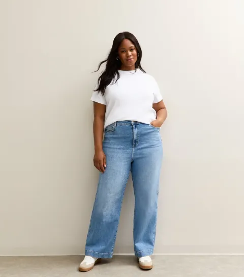 Women's Plus Size Light Blue Elasticated Back Wide Leg Jeans Curves