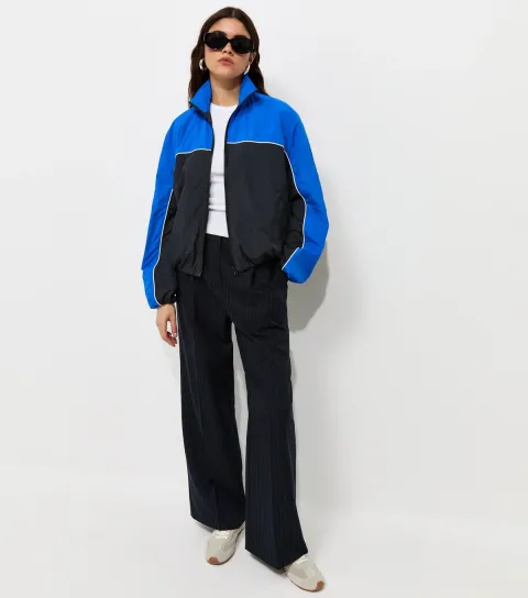 Women's Blue Colour Block Zip Up Funnel Neck Windbreaker Jacket