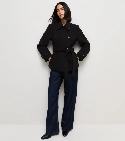New Look Women's Black Double Breasted Belted Pea Coat