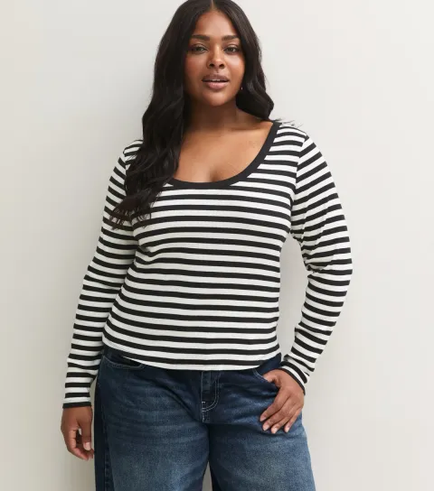 New Look Women's Plus Size Black Cotton Rich Striped Long Sleeve Top Curves