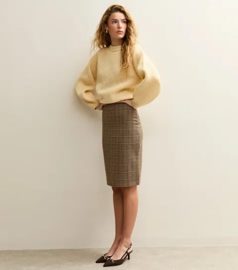 Women's Brown Jacquard Check Pencil Skirt