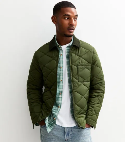 Men's Green Regular Fit Corduroy Collar Quilted Jacket
