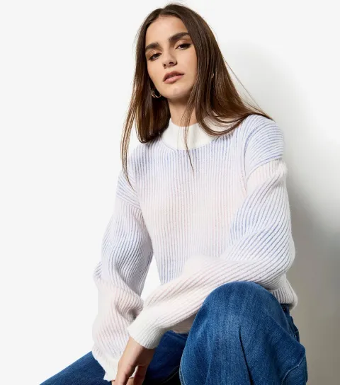 Women's White Ribbed Ombre Mock Neck Jumper