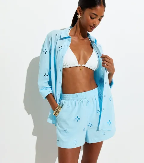 Women's Light Blue Cotton Floral Cutwork Beach Shorts