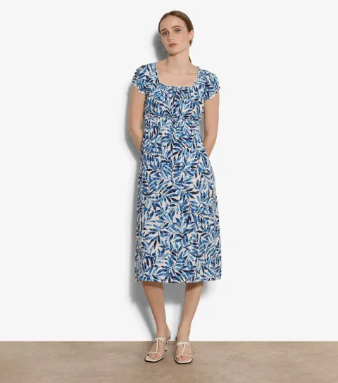 Women's Blue Watercolour Leaf Short Sleeve Midi Dress