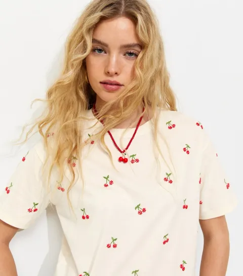 Women's White Boxy Beaded Cherry T-Shirt