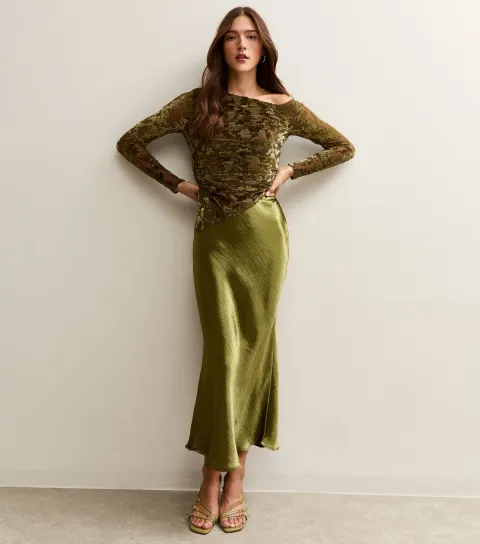 Women's Khaki Satin Midi Skirt