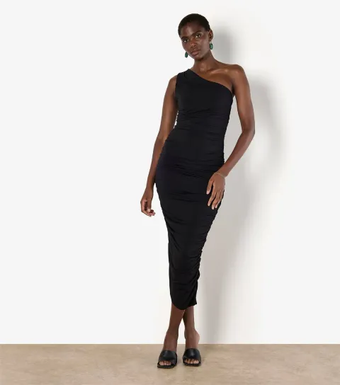 Women's Black Super Ruched One Shoulder Bodycon Dress