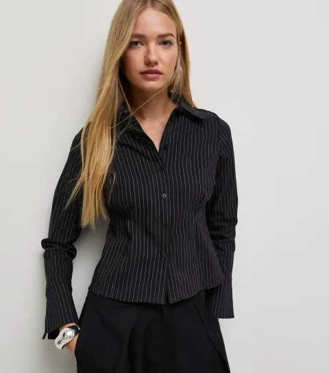 New Look Women's Black Pinstripe Fitted Long Sleeve Shirt