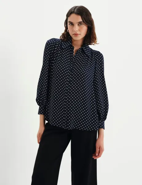 Finery London Crepe Polka Dot Button Through Blouse Navy Mix