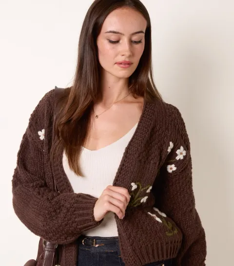 Blue Vanilla Women's Dark Brown Knitted Flower Embroidered Cardigan