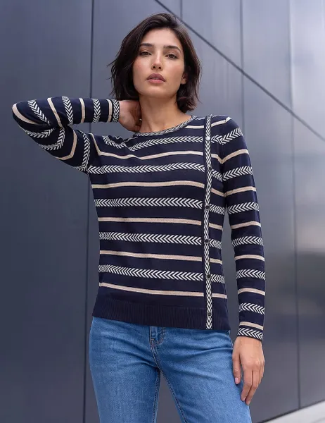 Roman Petite Striped Round Neck Button Detail Jumper Navy Mix