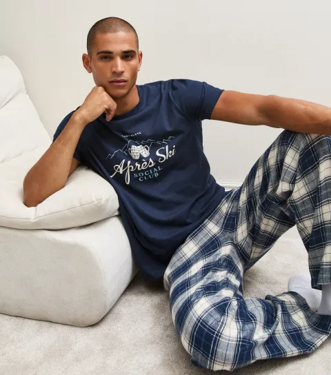 New Look Men's Blue Regular Cotton Apres Ski T-Shirt and Trousers Pyjama Set