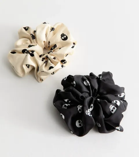 New Look Pack of 2 Black and Cream Satin Skull Scrunchies