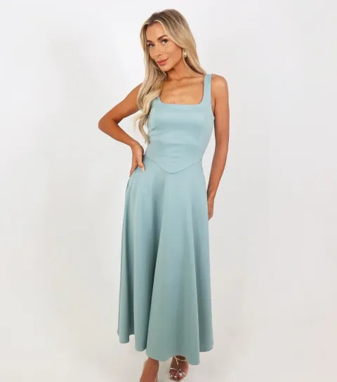 Women's Mint Green Square Neck Midi Dress