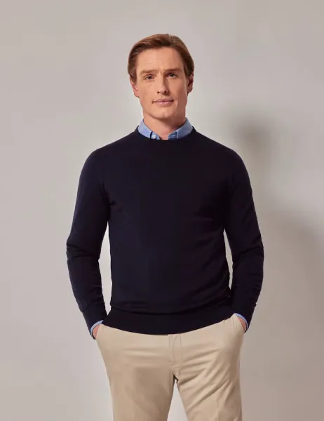 Hawes & Curtis Pure Merino Wool Textured Crew Neck Jumper Navy