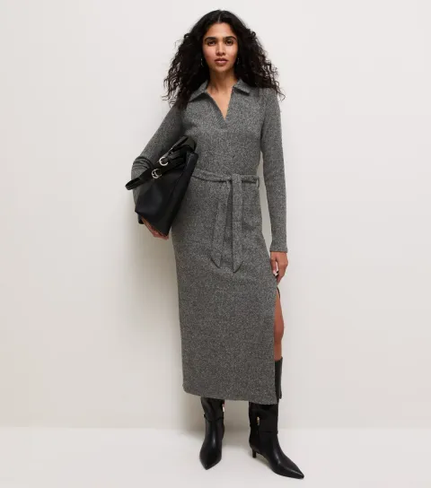 Women's Dark Grey Knitted Long Sleeve Midi Dress
