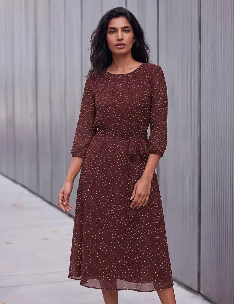 Roman Polka Dot Puff Sleeve Knee Length Dress Plum