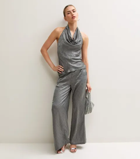 New Look Women's Grey Gem Embellished Cowl Neck Halter Neck Top
