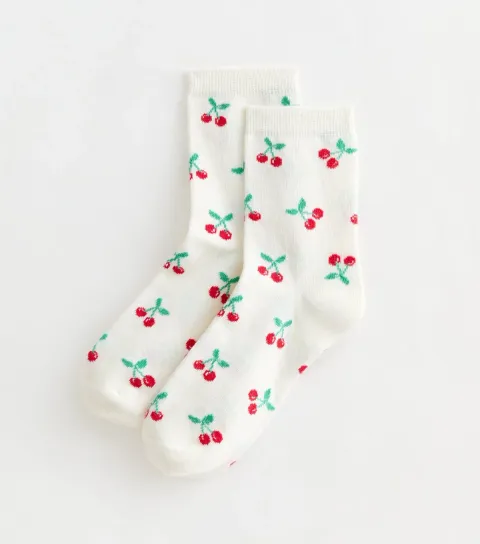 White Cherry Patterned Ankle Socks