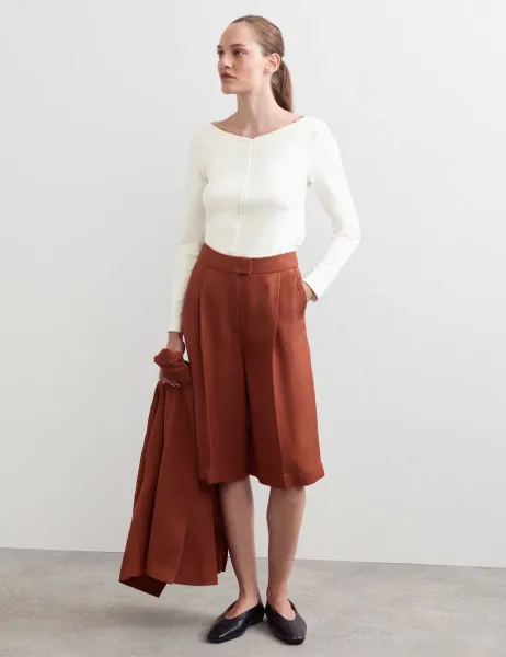 Jaeger Cotton Modal Blend V-Neck Stitch Detail Top Ivory