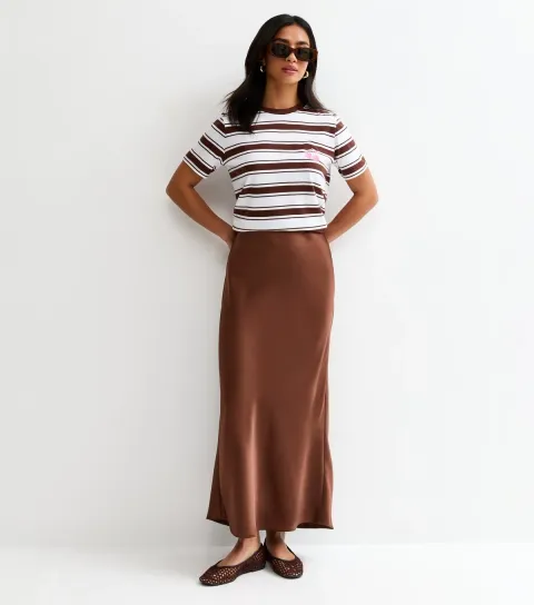 Women's Petite Dark Brown Satin Bias Cut Midi Skirt