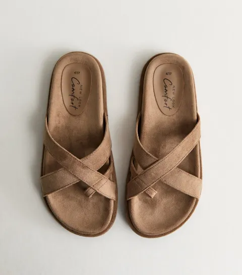 Women's Light Brown Faux Suede Toe Loop Flat Sandals Vegan