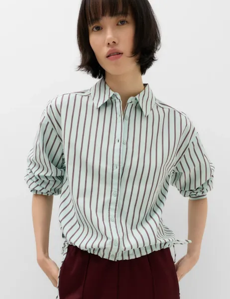 Marks & Spencer Pure Cotton Striped Collared Cropped Shirt Blue Mix