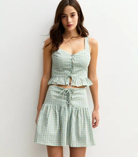Women's Green Check Print Lace Up Mini Skirt