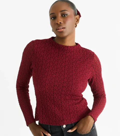 Women's Burgundy Jersey Lace Long Sleeve Top