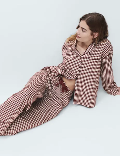 Marks & Spencer Pure Cotton Gingham Revere Pyjama Set Burgundy Mix