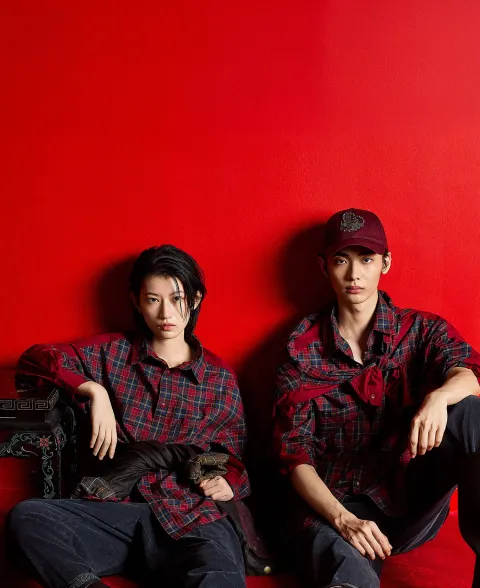 x Feng Chen Wang Split Pocket Long-Sleeved Tartan Shirt