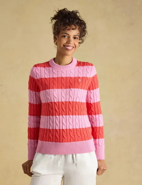 Joules Pure Cotton Striped Cable Knit Jumper Pink Mix