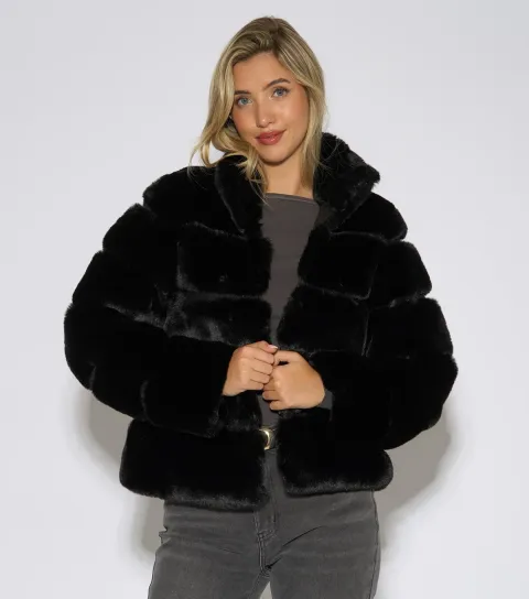 Gini London Women's Black Faux Fur Funnel Neck Jacket