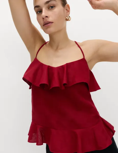 Marks & Spencer Linen Cotton Blend Ruffle Cami Top Dark Red