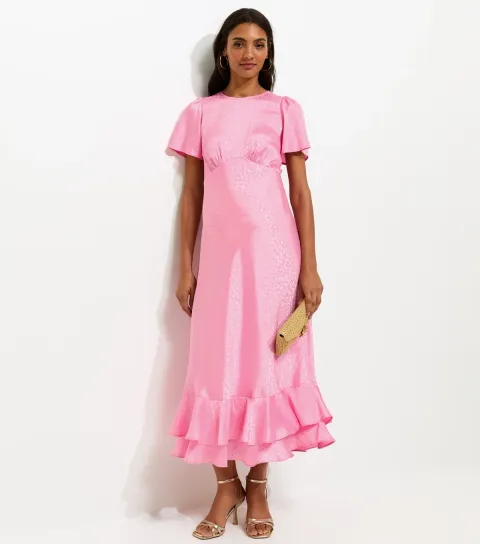Women's Maternity Pale Pink Satin Ruffled Hem Midi Dress