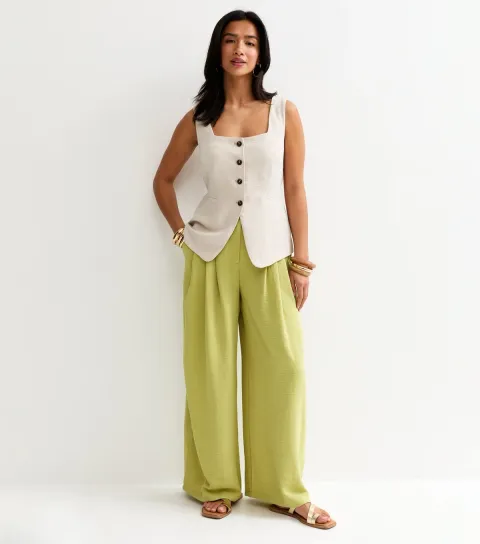 Women's Petite Light Green Pleated Wide Leg Trousers